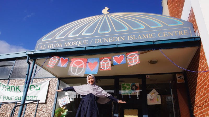 Muslim student Arina Aizal outside the mosque in Dunedin